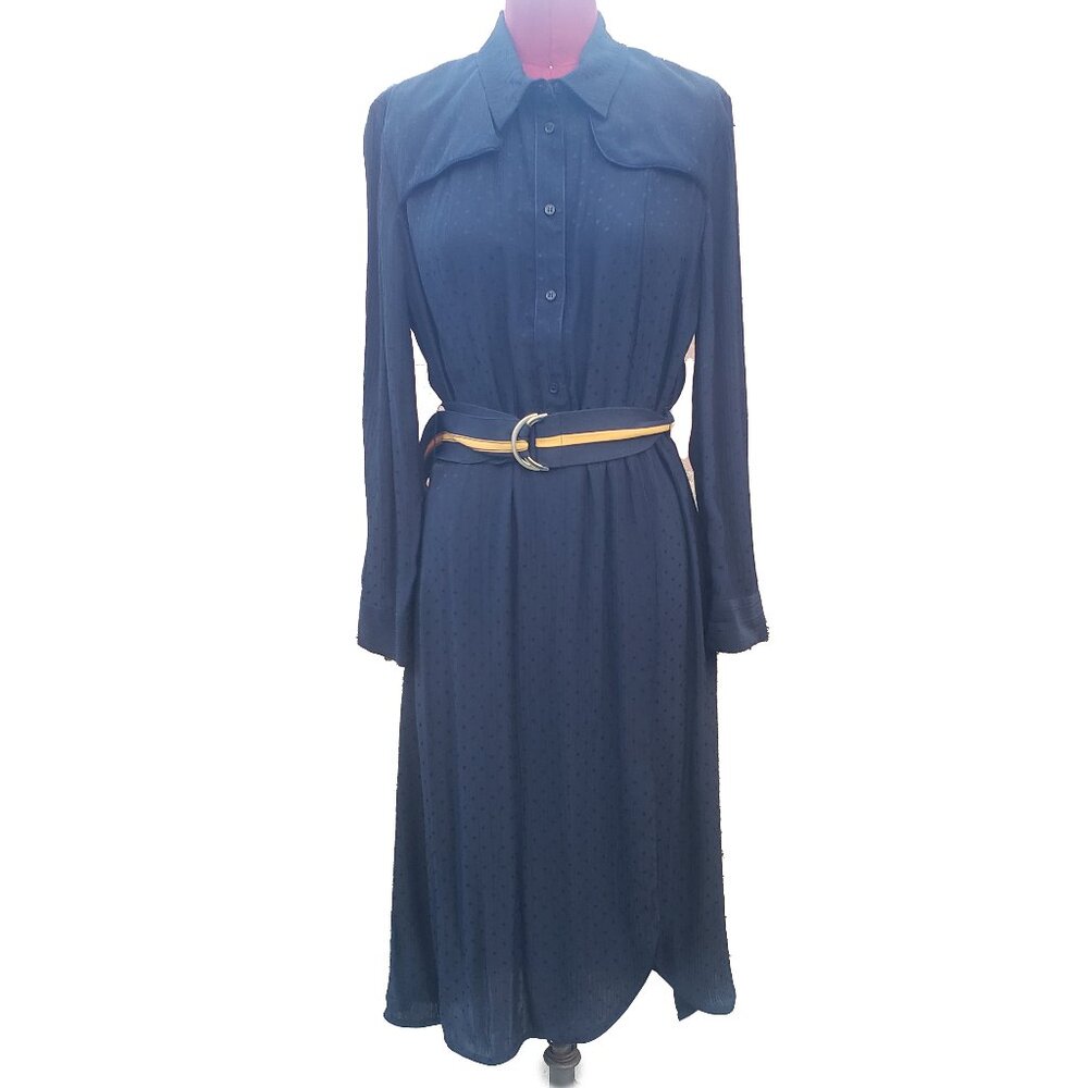 Sandro Paris Marc Dress Navy Blue Crinkle Dot Long Sleeve Button Front 40 US 8